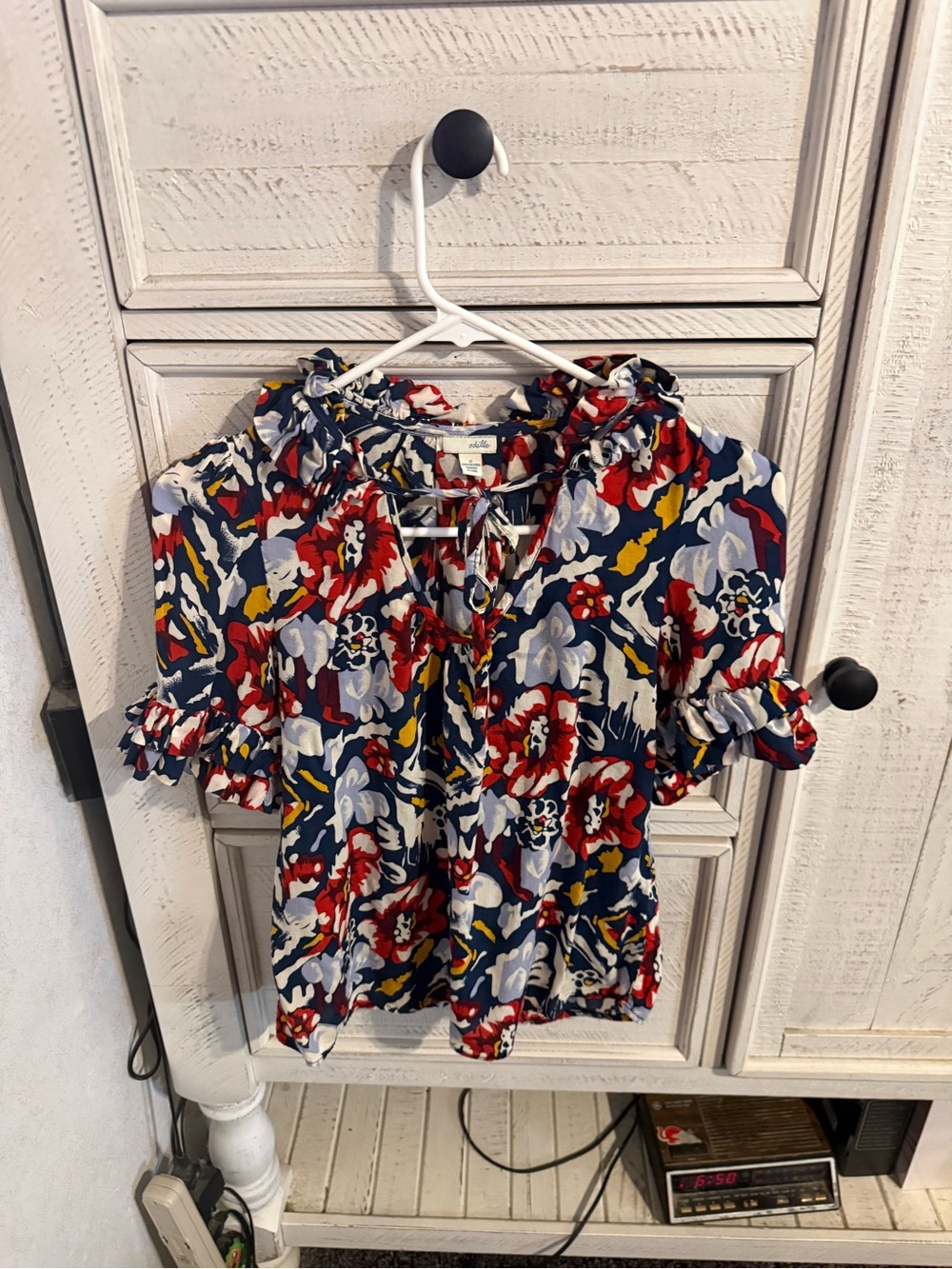 Odille Floral Ruffle-Sleeve Blouse in Navy, Red & White